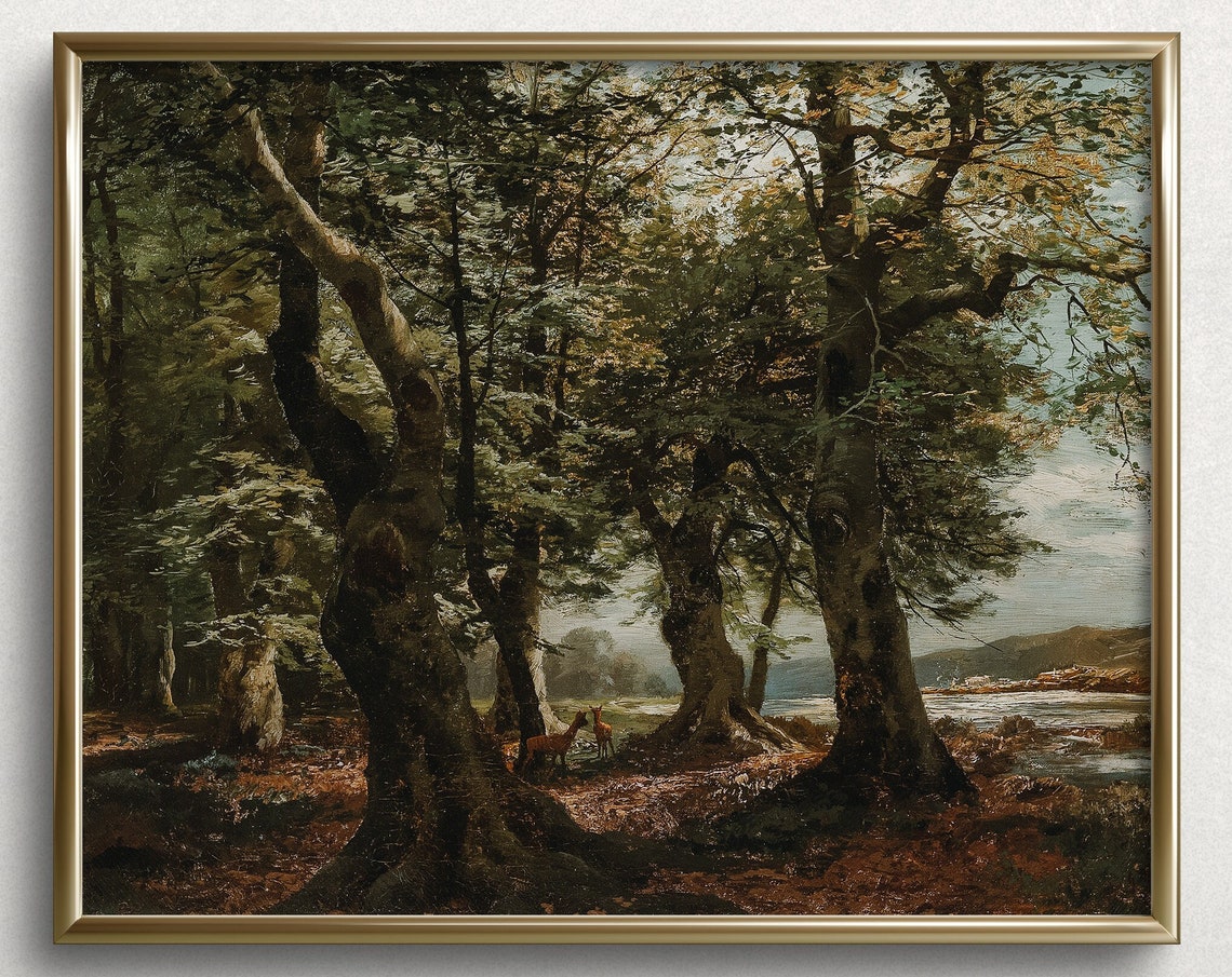 Majestic Deer in Dark Forest Clearing Lake Beyond Vintage Art Print