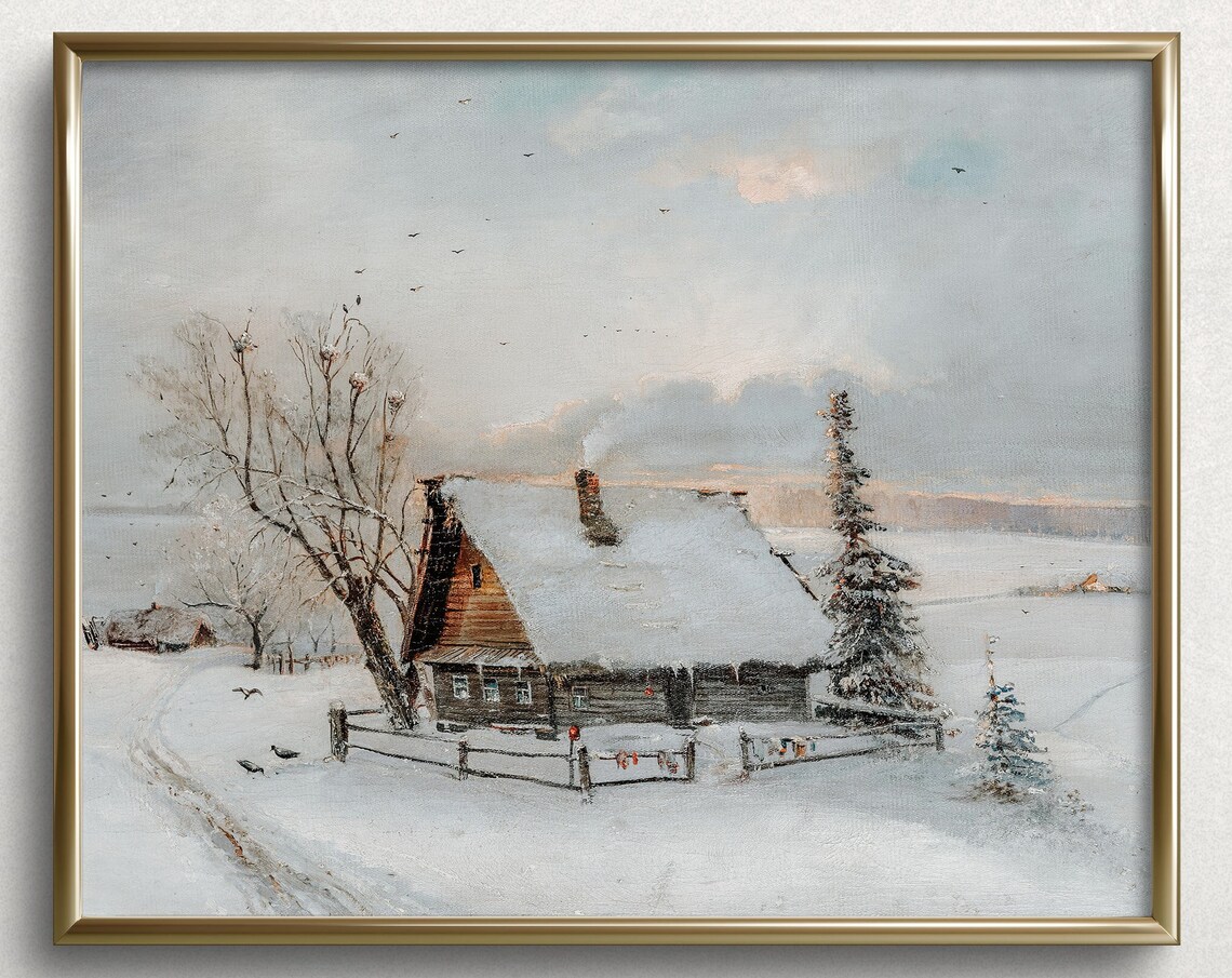 Winter Cabin Vintage Winter Landscape Painting Vintage Winter Art Print Christmas Cottage Painting L118