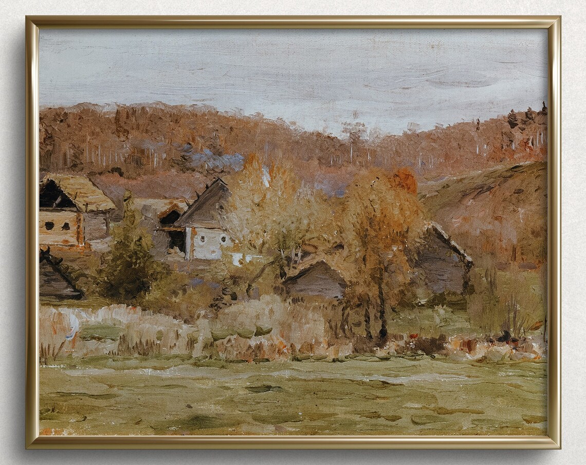 Autumn Village Rustic Wooden Houses Golden Trees Vintage Art Poster