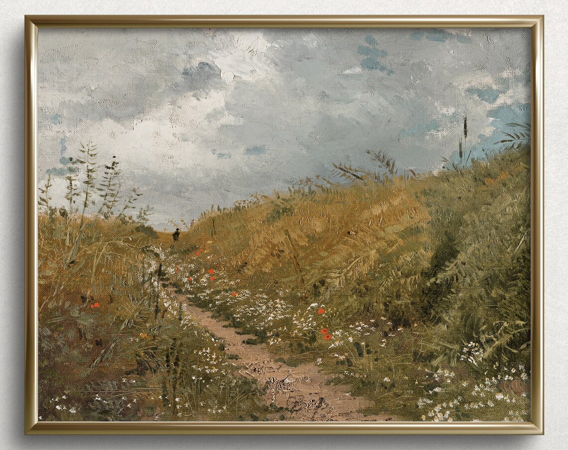 Wildflower Hillside Path With Poppies Vintage Pastoral Landscape Print