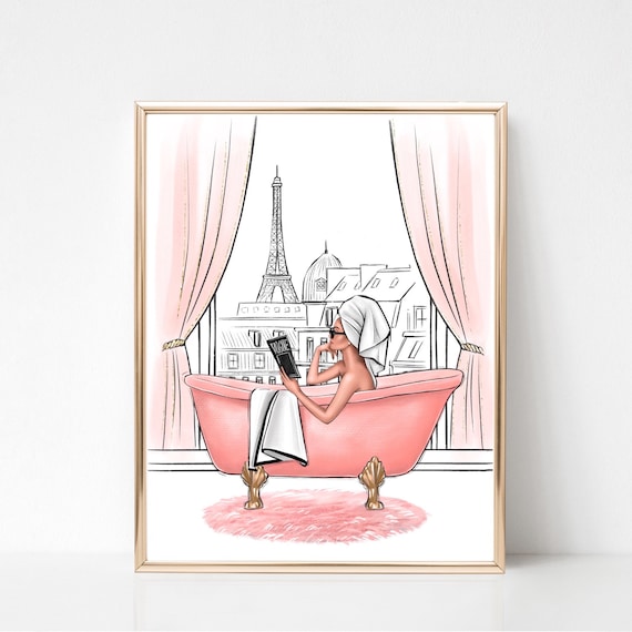 Girl in Bathroom Paris Art Print, Fashion Sketch