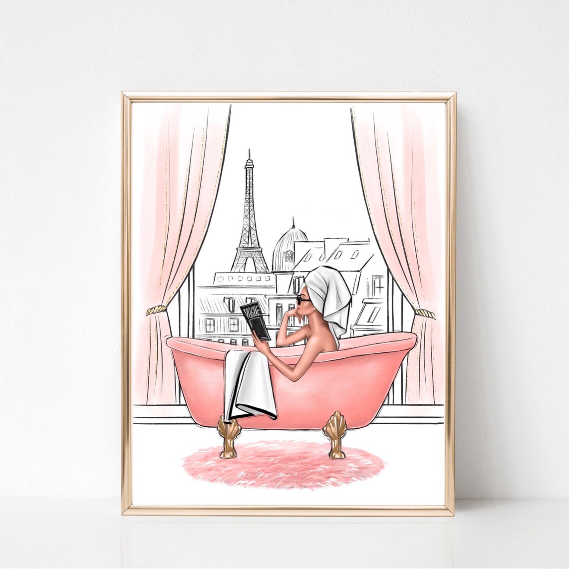 Girl in Bathroom Paris Art Print, Fashion Sketch