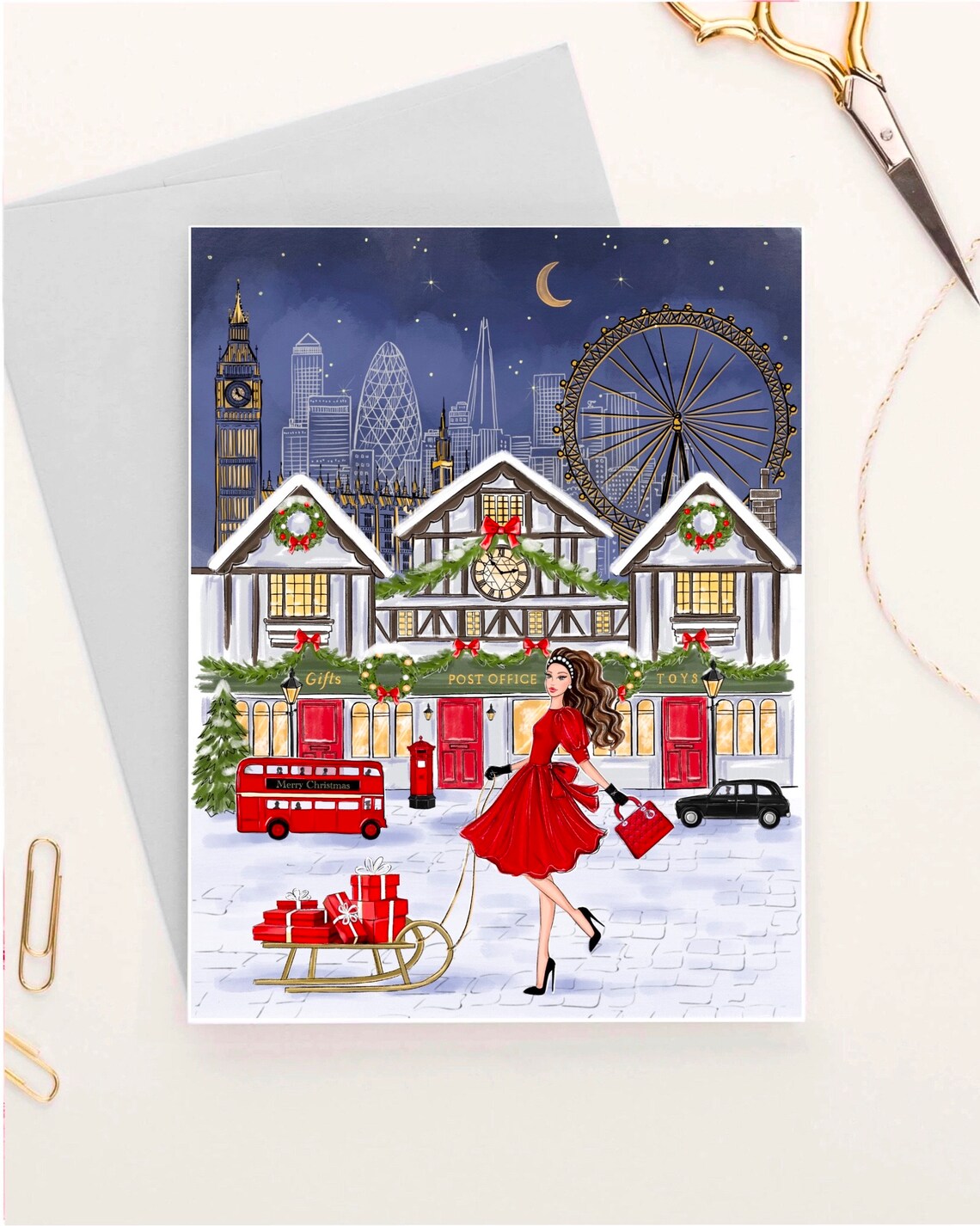 Personalized Christmas London Greeting Card, Holiday Postcard - Image 3