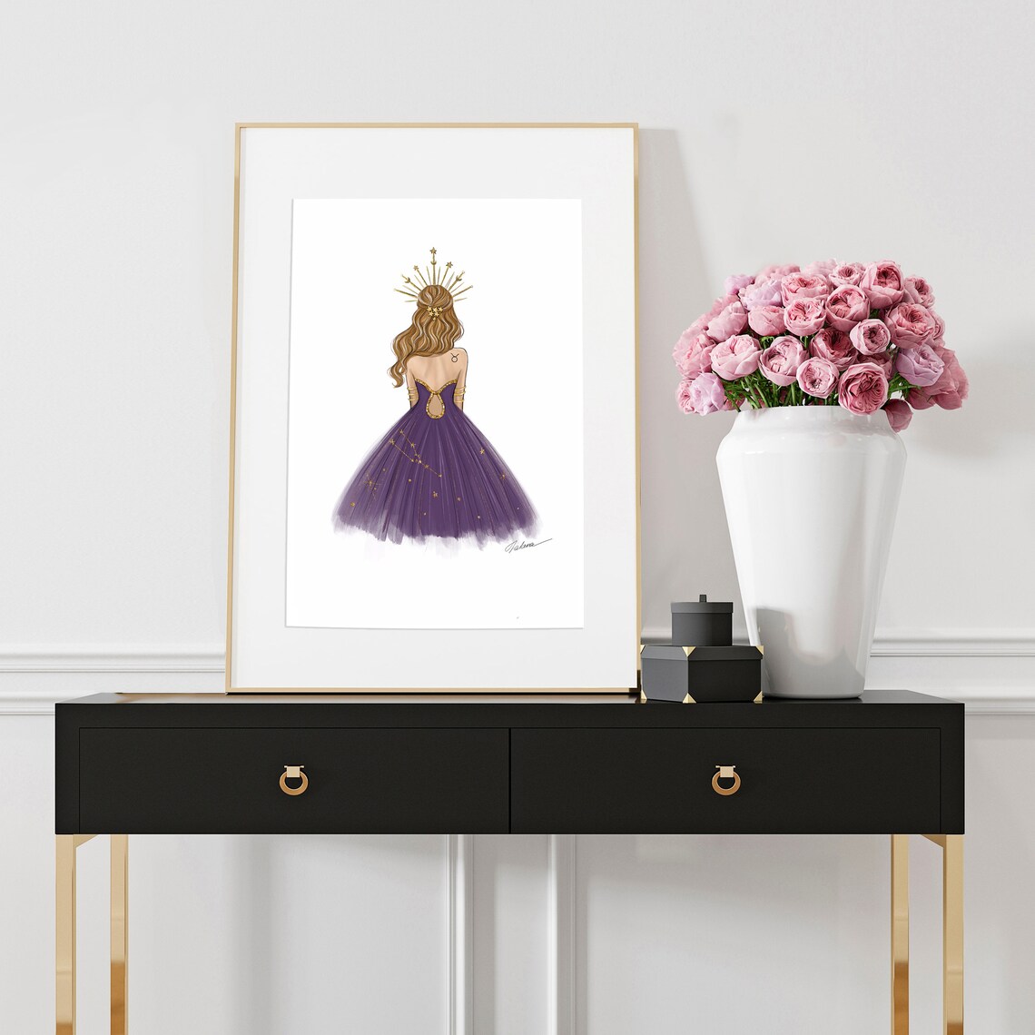 Taurus Zodiac Woman Purple Starry Gown Fashion Illustration Poster - Image 3