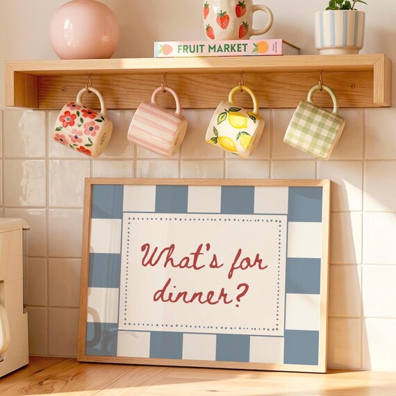 Whats For Dinner Kitchen Poster Blue Checker Retro Food Quote Cooking Decor