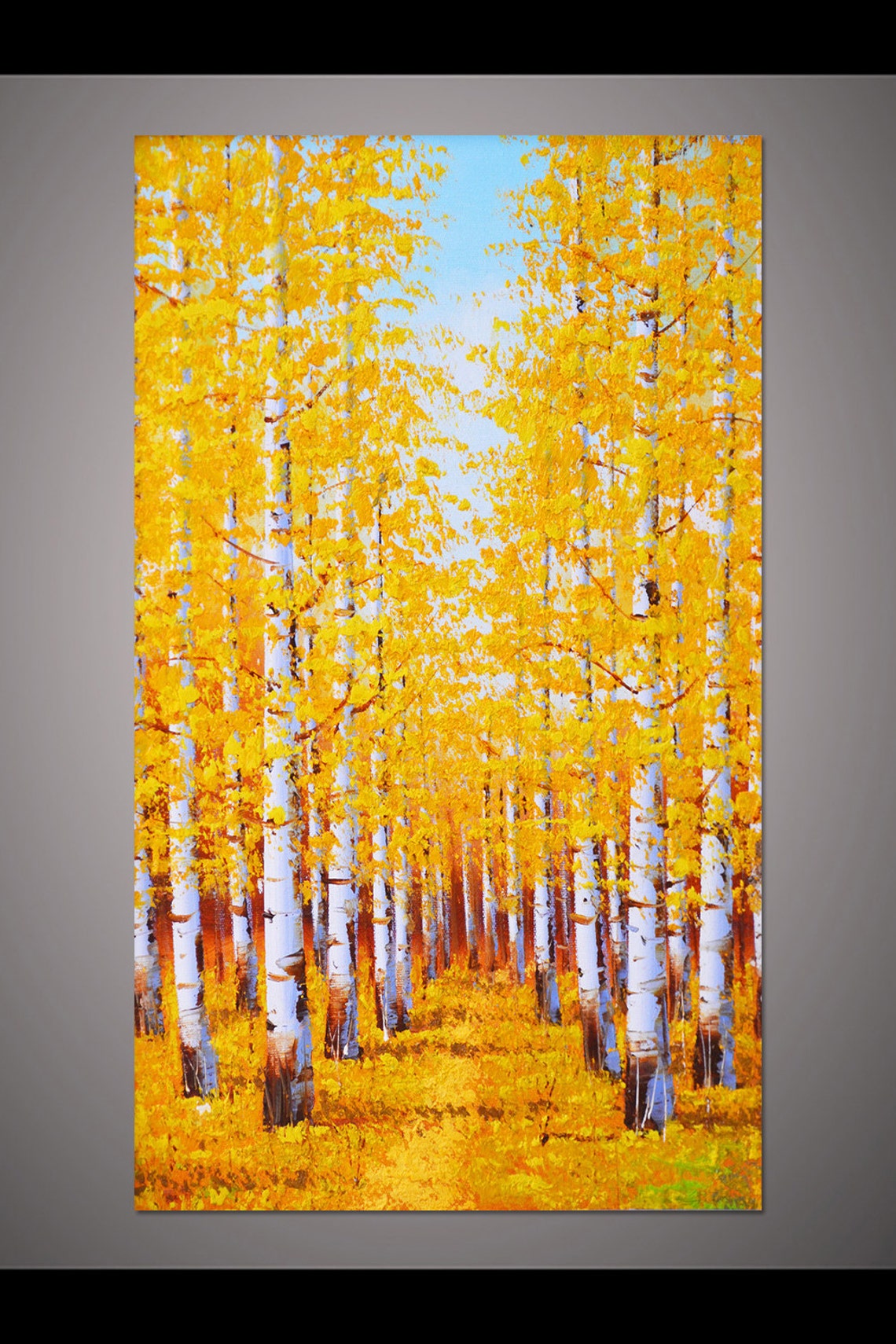 Golden Yellow Birch Forest With White Trunks Autumn Oil Poster