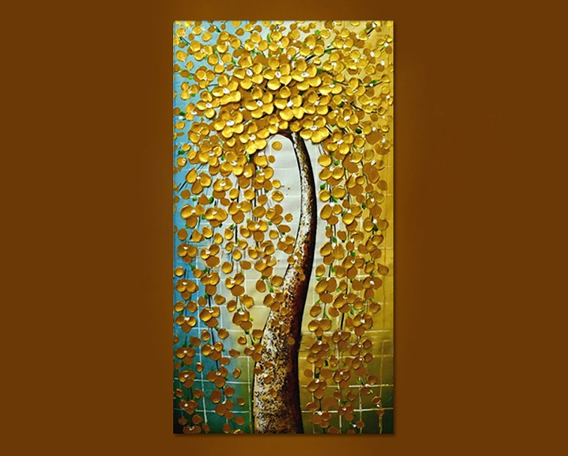 Golden Weeping Tree Palette Knife Luxury Modern Art Statement Poster