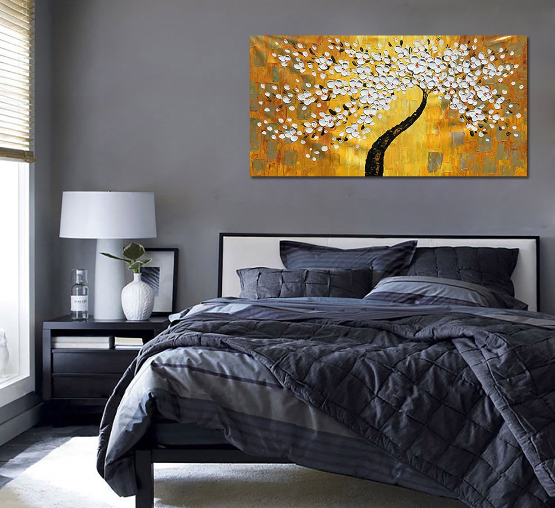White Flowering Tree With Black Trunk On Golden Textured Oil Poster - Image 4