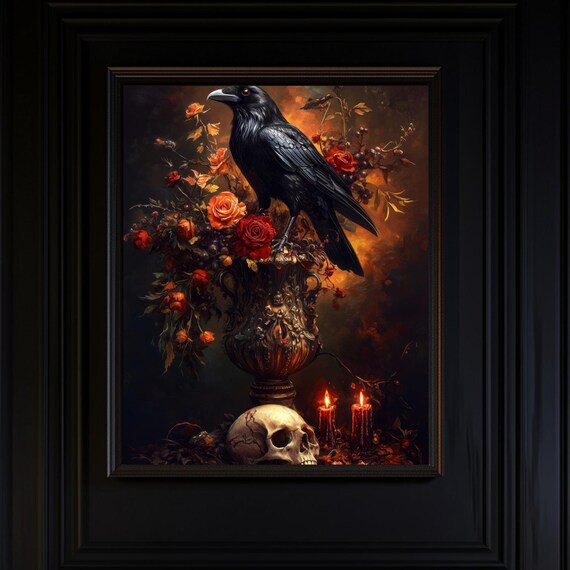 Gothic Raven On Ornate Vase With Roses Skull And Candles Poster