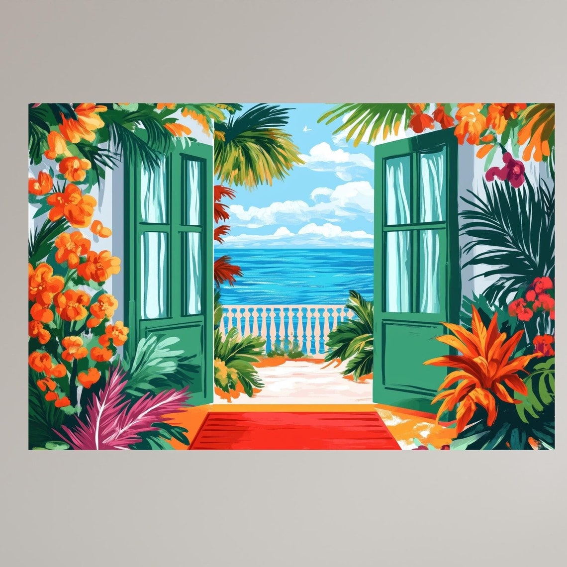 Tropical Balcony Painting Green French Doors Ocean View Art Poster