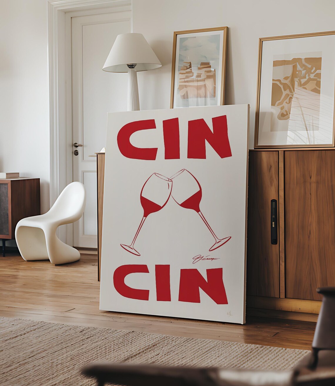 Cin Cin Red Lettering with Two Clinking Wine Glasses Italian Bar Cart Art Poster - Image 5