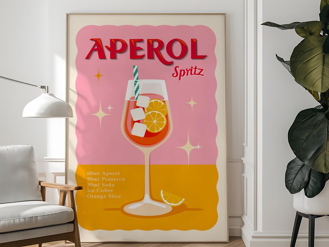 Retro Pink Aperol Spritz Cocktail Recipe Glass Illustration Bar Poster - Image 4
