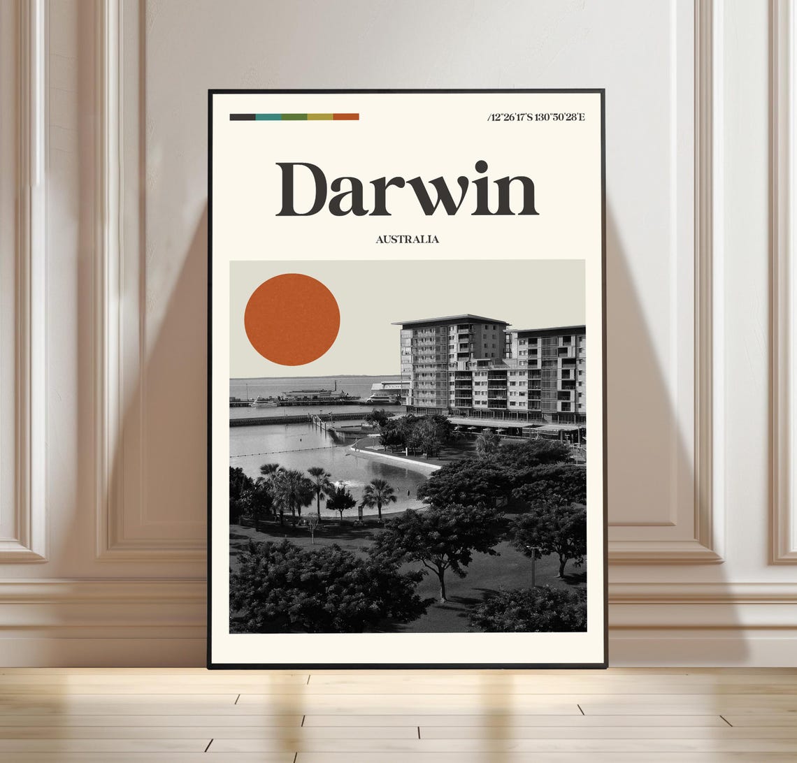 Darwin Australia Waterfront Vintage Black and White Travel Poster