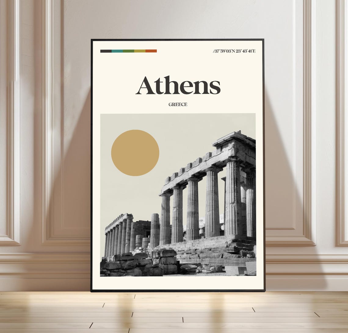 Athens Greece Parthenon Ancient Ruins Retro Travel Poster Art