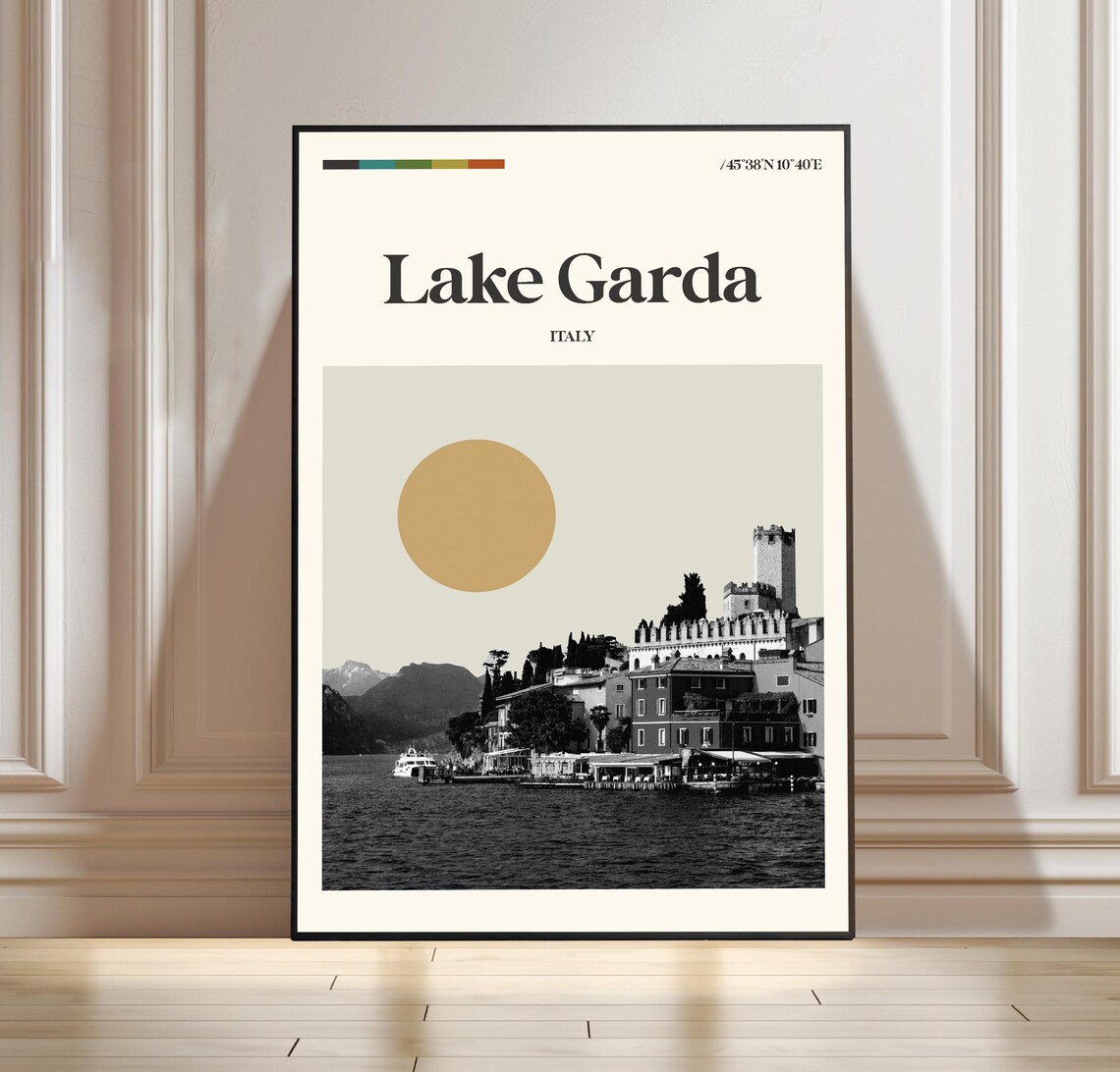 Lake Garda Italy Mid Century Castle Lakeside Town Travel Poster