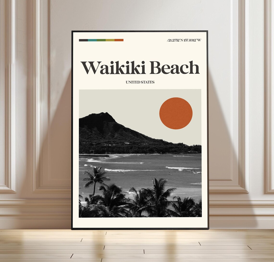 Waikiki Beach Travel Poster Diamond Head Palm Trees Hawaii Surf Art