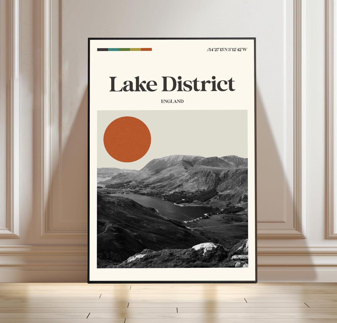 Lake District England Minimalist Travel Poster with Coordinates