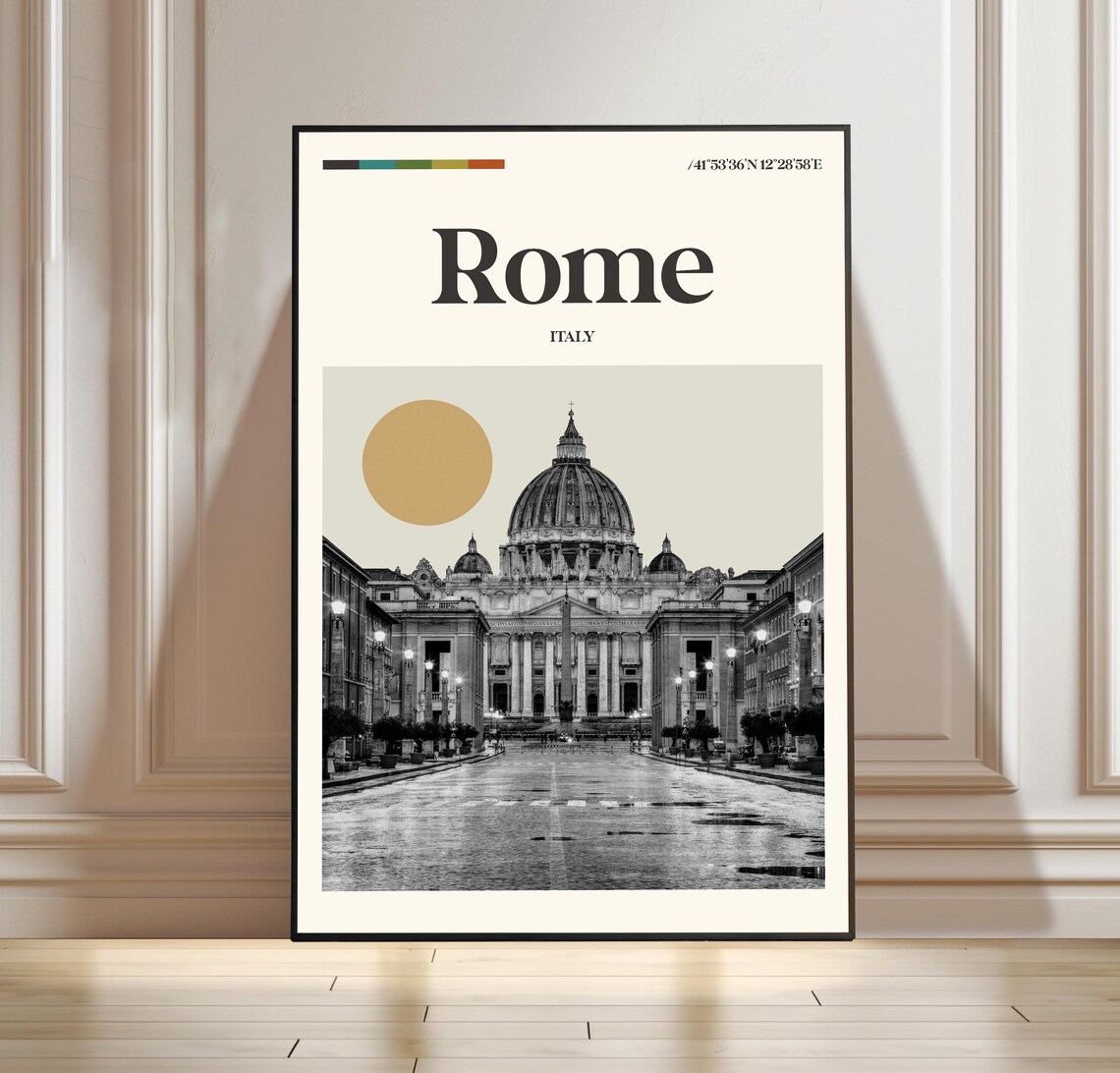 Vintage Rome Italy Saint Peters Basilica Golden City Travel Poster