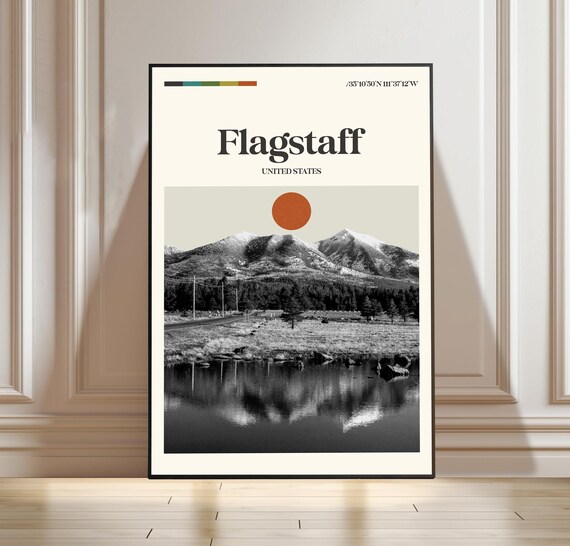 Flagstaff Arizona Mountains Lake Reflection Vintage Travel Poster