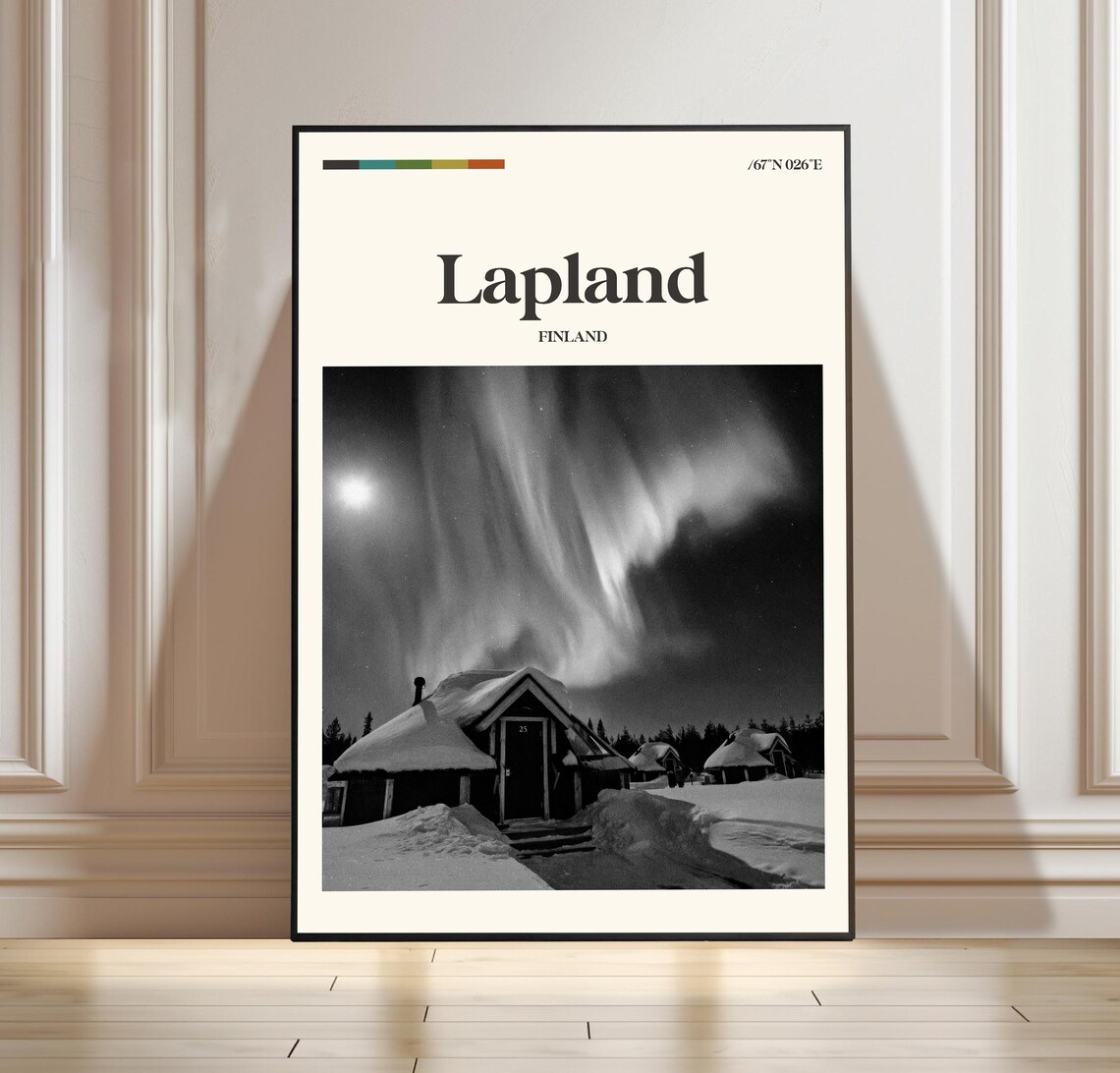 Lapland Finland Northern Lights Cabin Minimalist Travel Poster