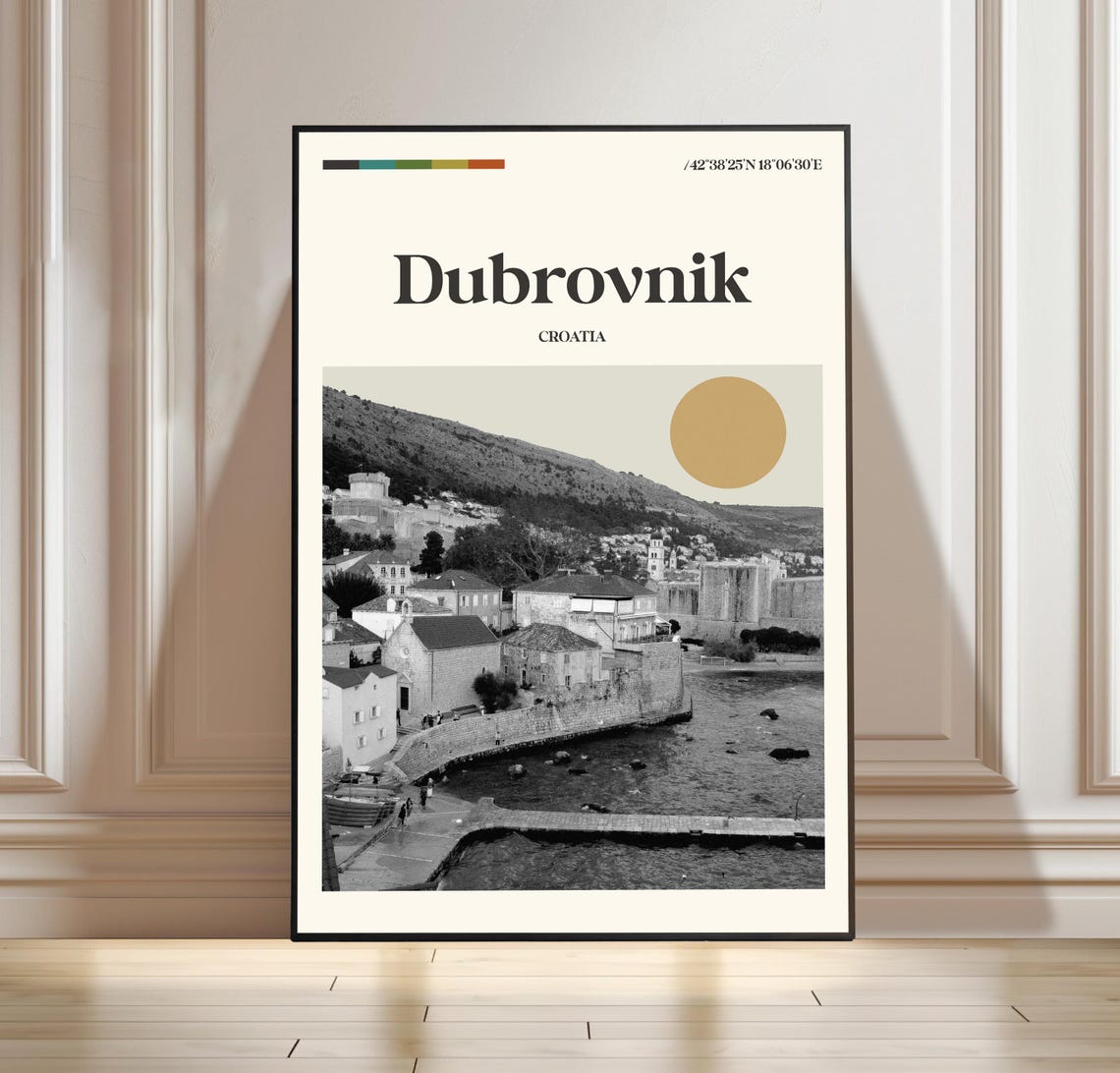 Dubrovnik Croatia Black and White Vintage Harbor Travel Poster
