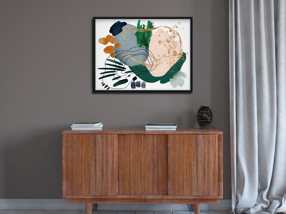 Blush Pink Gold Splatter Green Abstract Watercolor Modern Poster - Image 4