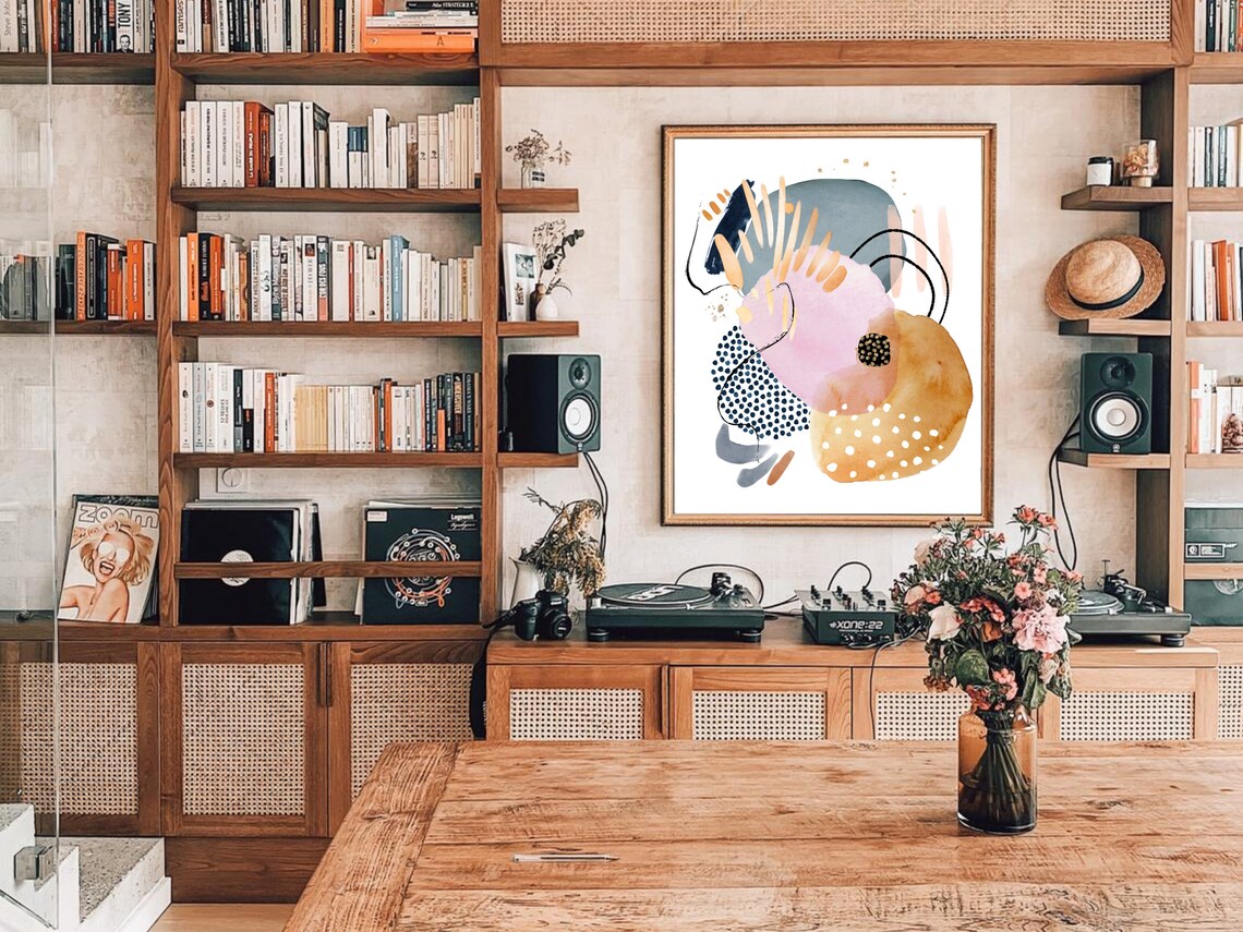 Pink Navy Dots Caramel Gold Abstract Watercolor Shapes Art Poster - Image 3