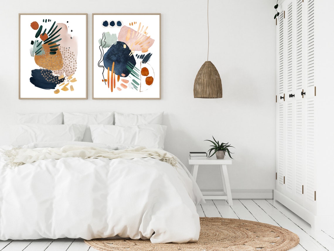 Navy Blue Blush Pink Sage Abstract Watercolor Shapes Wall Poster - Image 4