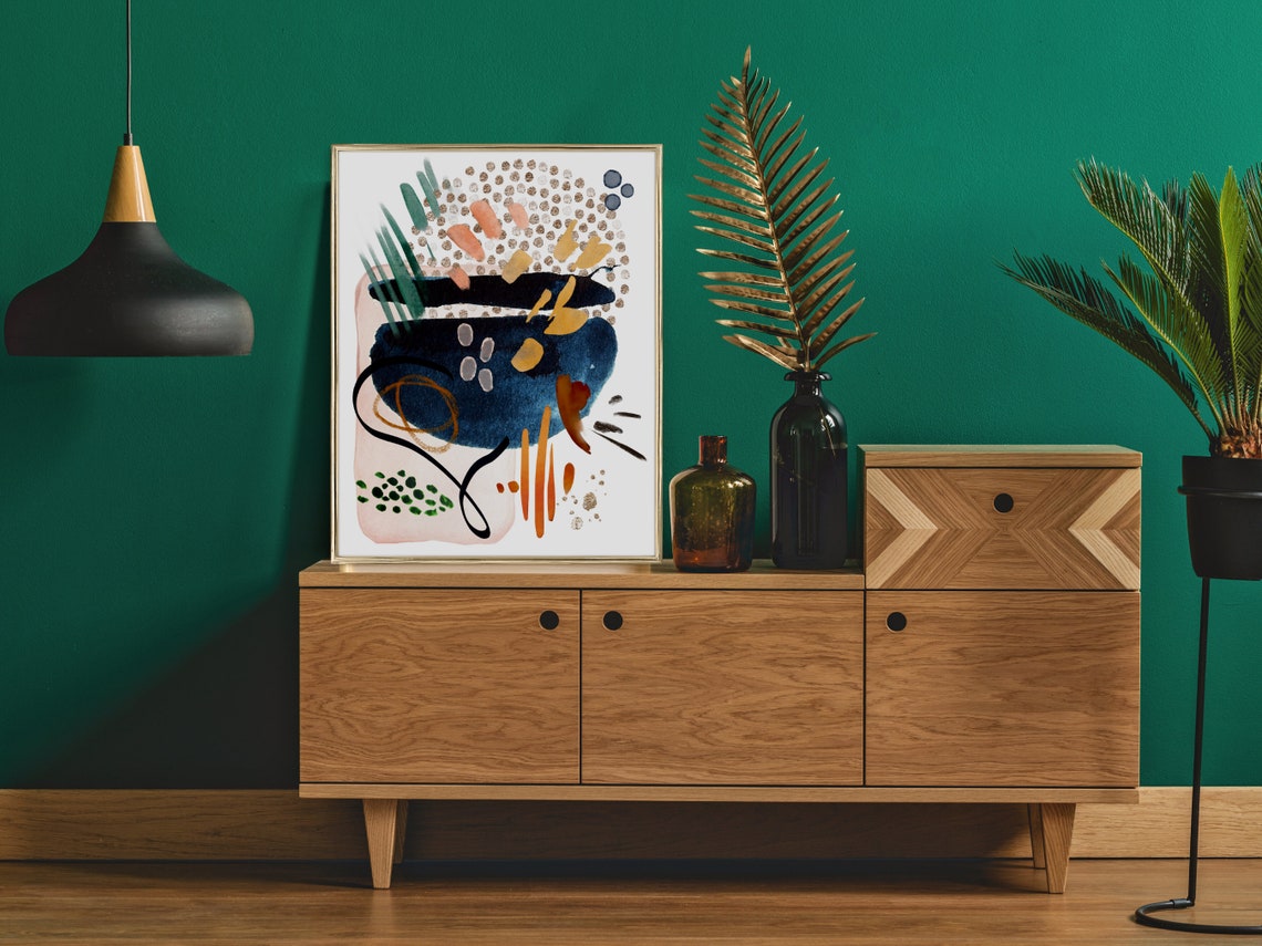 Navy Blush Gold Green Colorful Abstract Watercolor Artwork Poster - Image 3