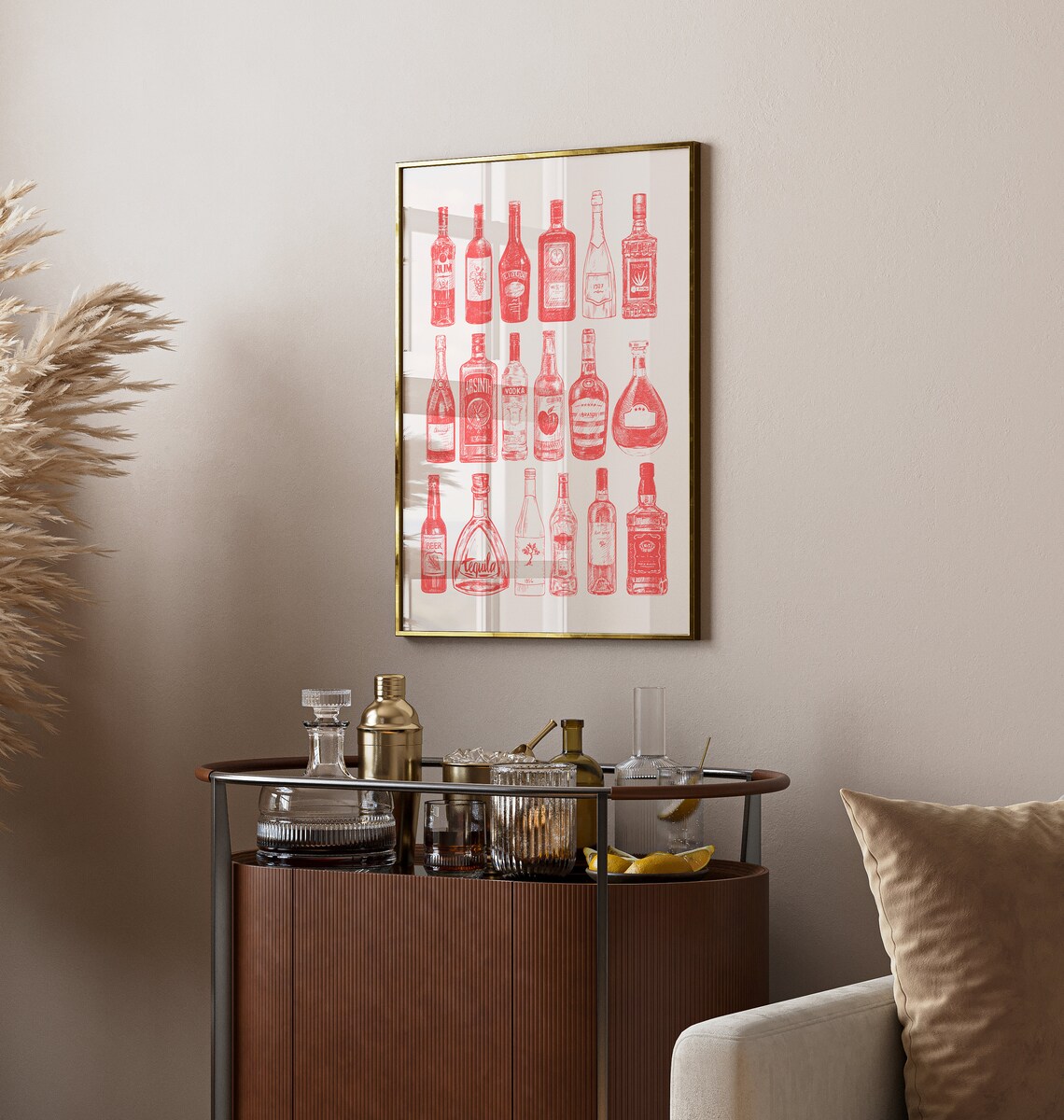 Vintage Liquor Bottles Bar Cart Red Ink Illustration Art Poster - Image 4
