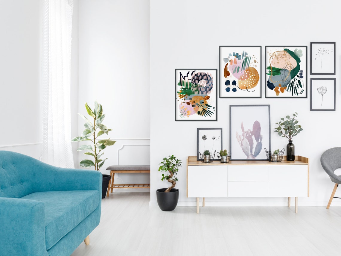 Blush Pink Gold Splatter Green Abstract Watercolor Modern Poster - Image 3
