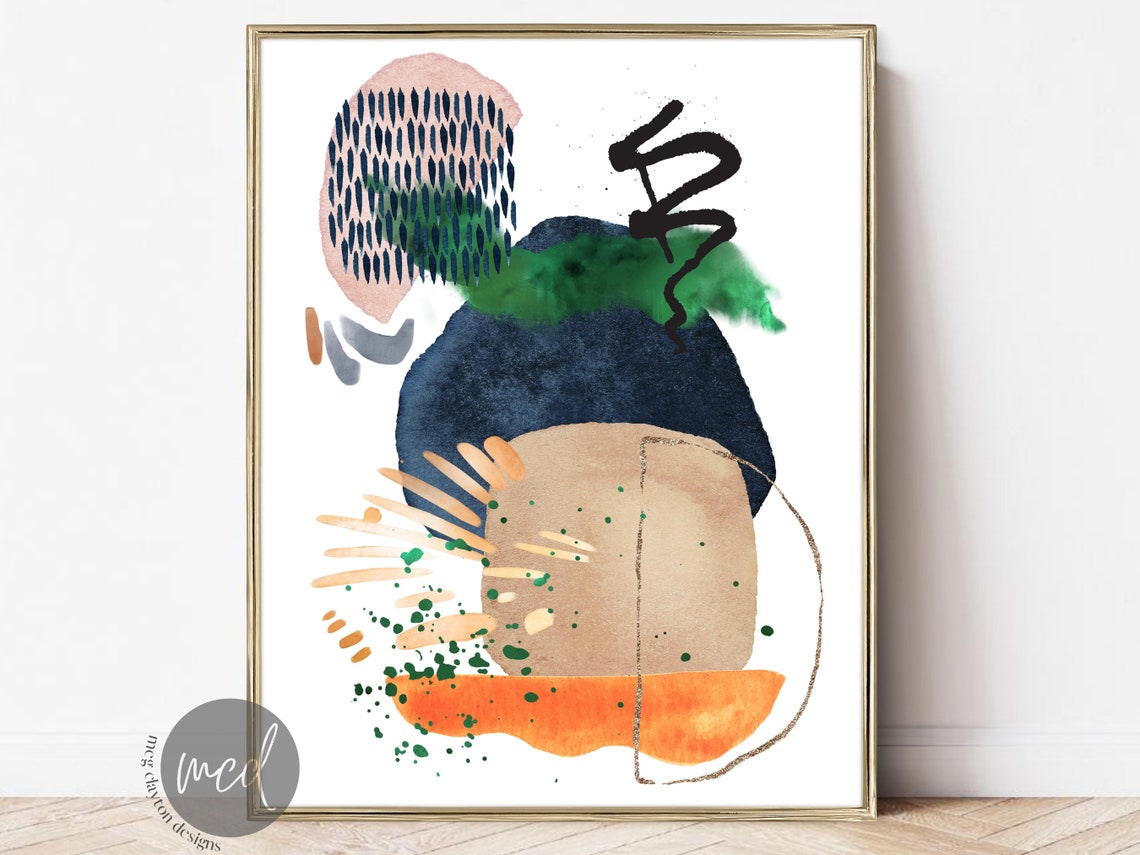 Navy Blush Green Orange Abstract Watercolor Patterned Modern Poster