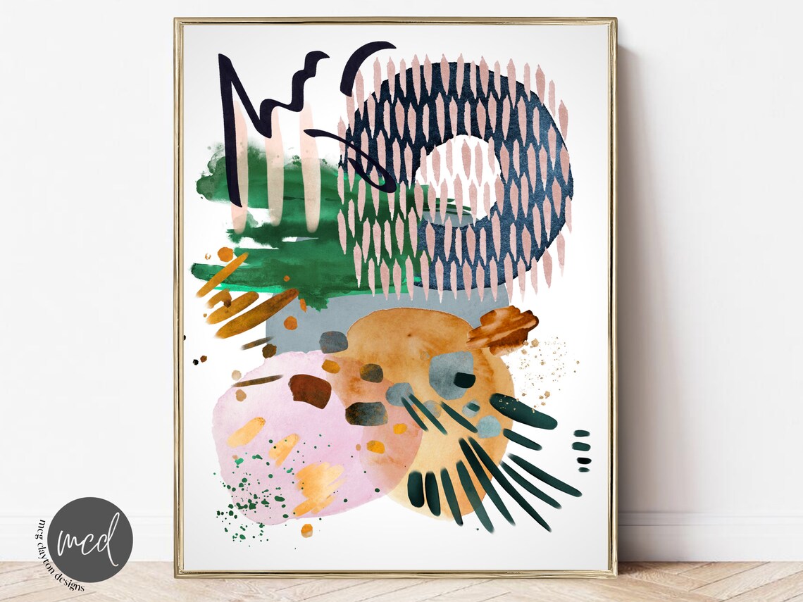 Green Navy Blush Pink Bold Abstract Watercolor Modern Art Poster