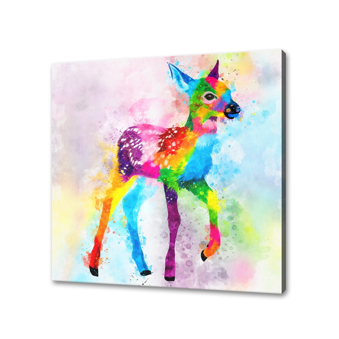 Rainbow Watercolor Fawn Deer Colorful Splash Nursery Art Poster