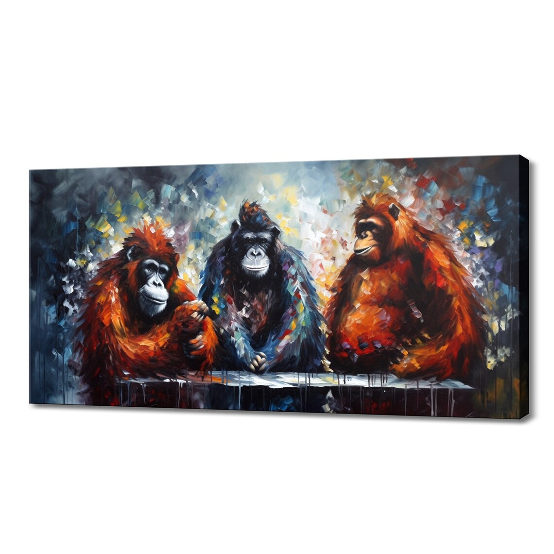 Three Orangutan Apes Sitting Together Colorful Painterly Primate Wall Art Print