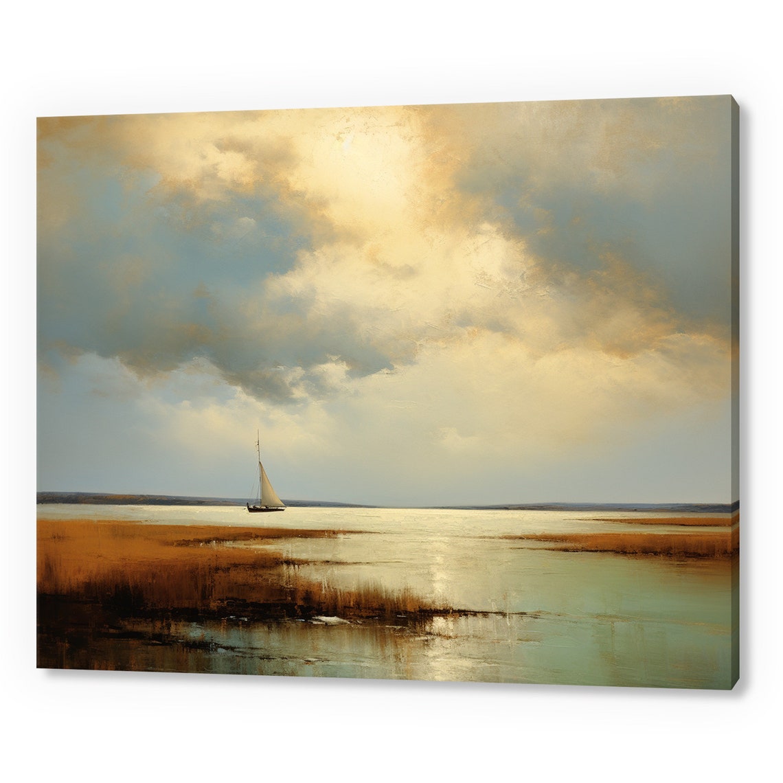 Boat At Sea Vintage Country Landscape Antique Countryside Print Moody Painting Print Living Room Wall Art Farmhouse Decor Art