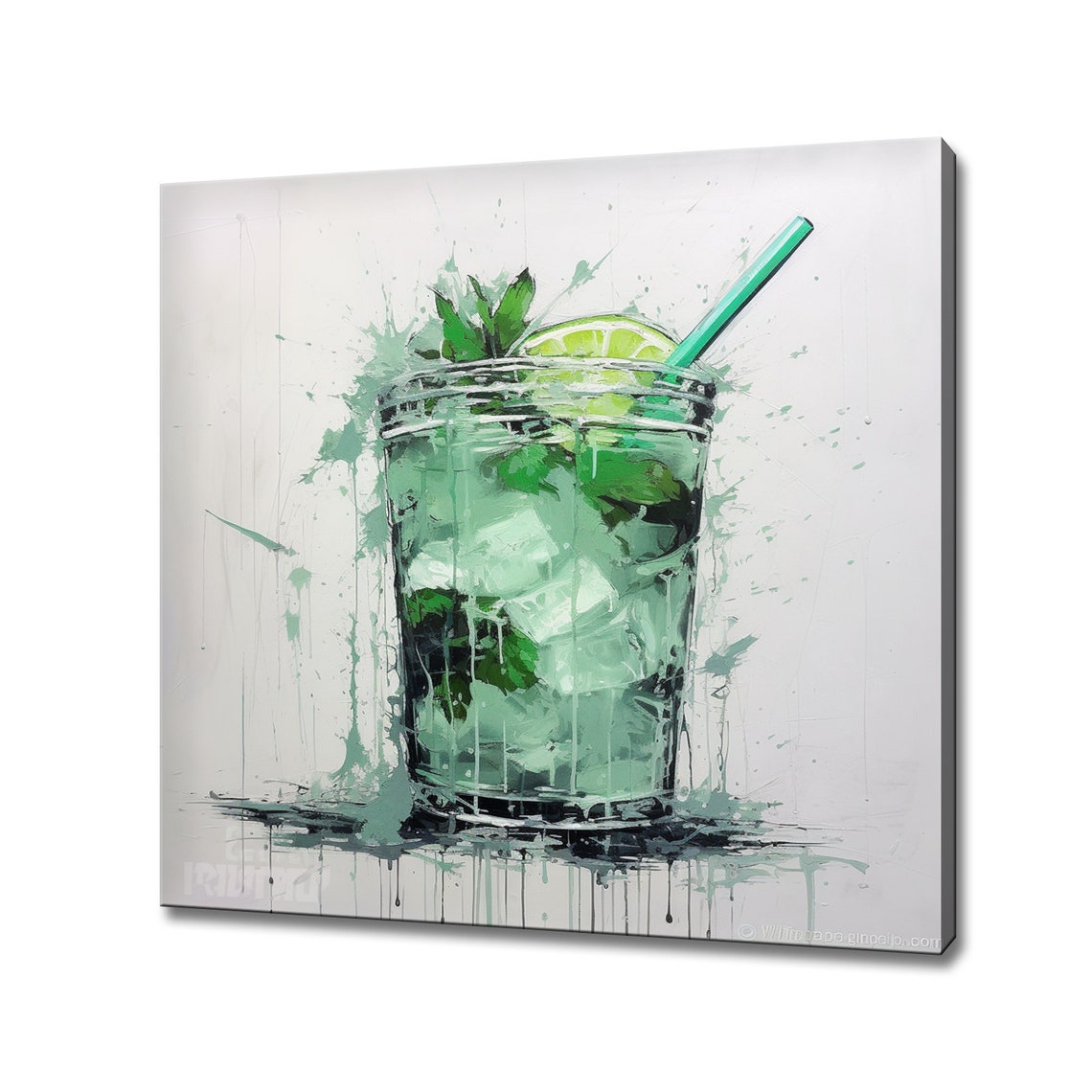 Fresh Mint Mojito Cocktail Glass Watercolor Splash Art Poster
