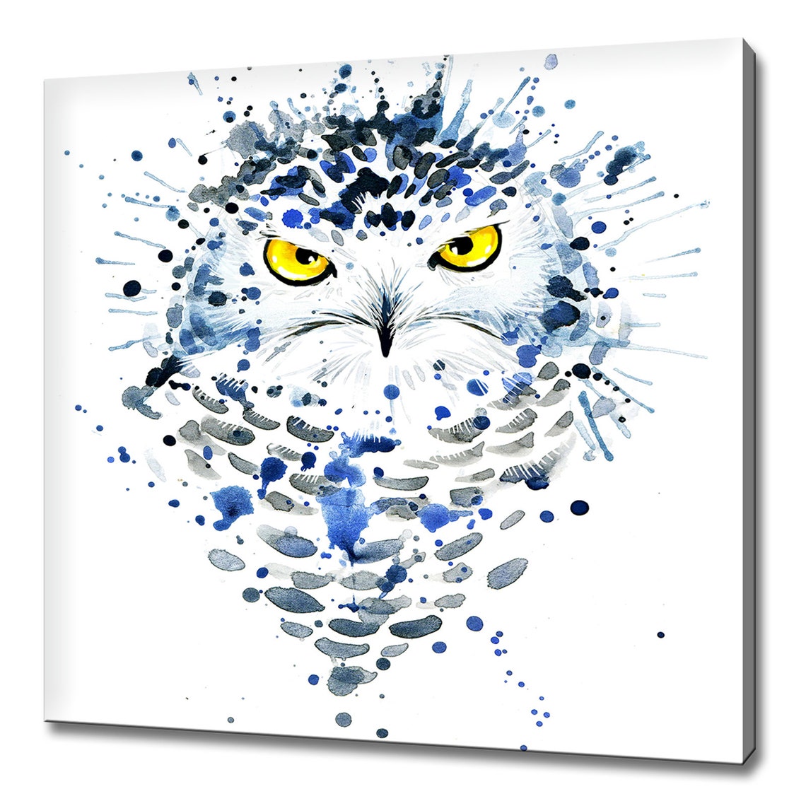Snowy Owl Piercing Yellow Eyes Blue Watercolor Splash Art Poster