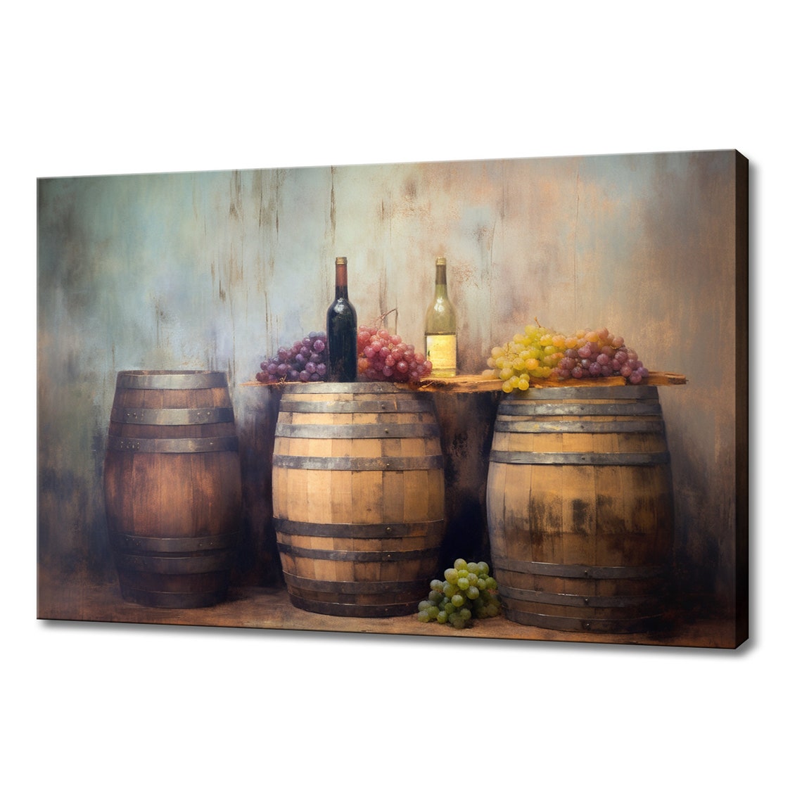 Wooden Wine Barrels Bottles Grapes Rustic Cellar Still Life Poster