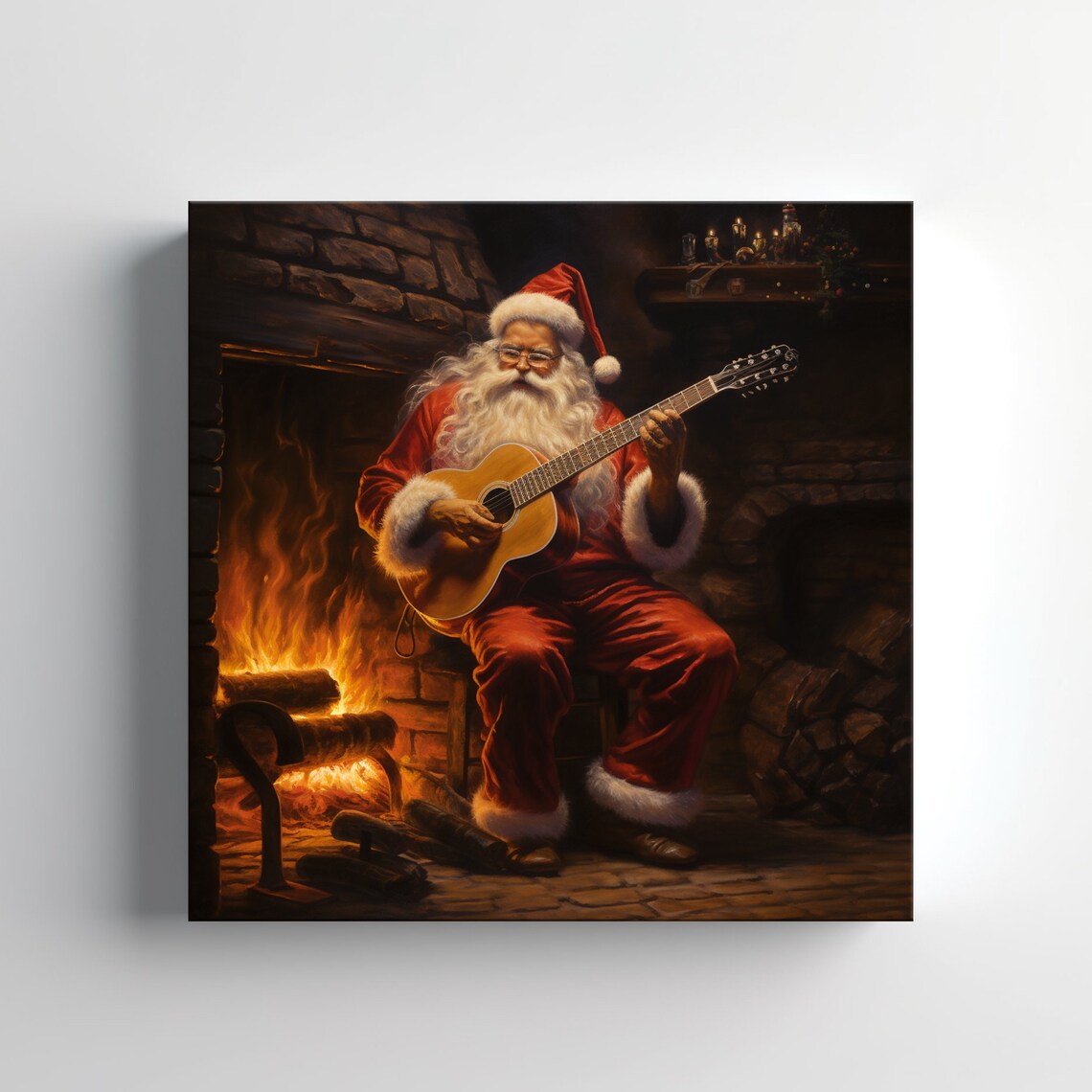 Santa Claus Playing Guitar by Cozy Fireplace Festive Painting Poster