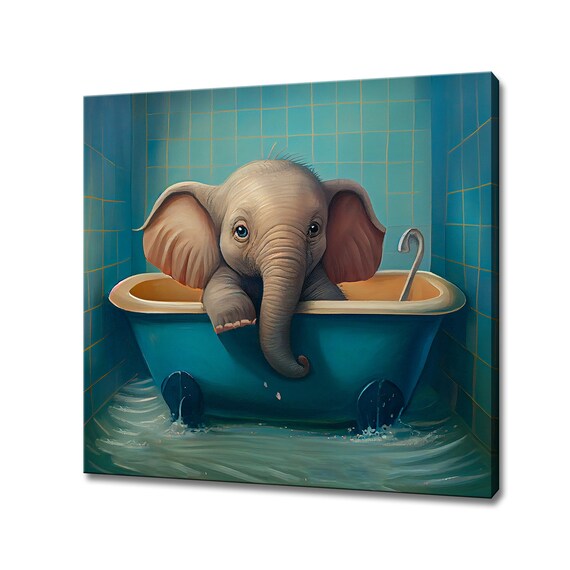 Baby Elephant Bath Time Blue Bathtub Cute Nursery Animal Wall Art Poster