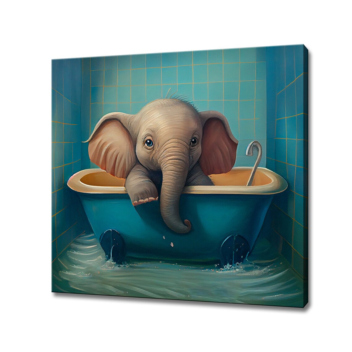 Baby Elephant Bath Time Blue Bathtub Cute Nursery Animal Wall Art Poster