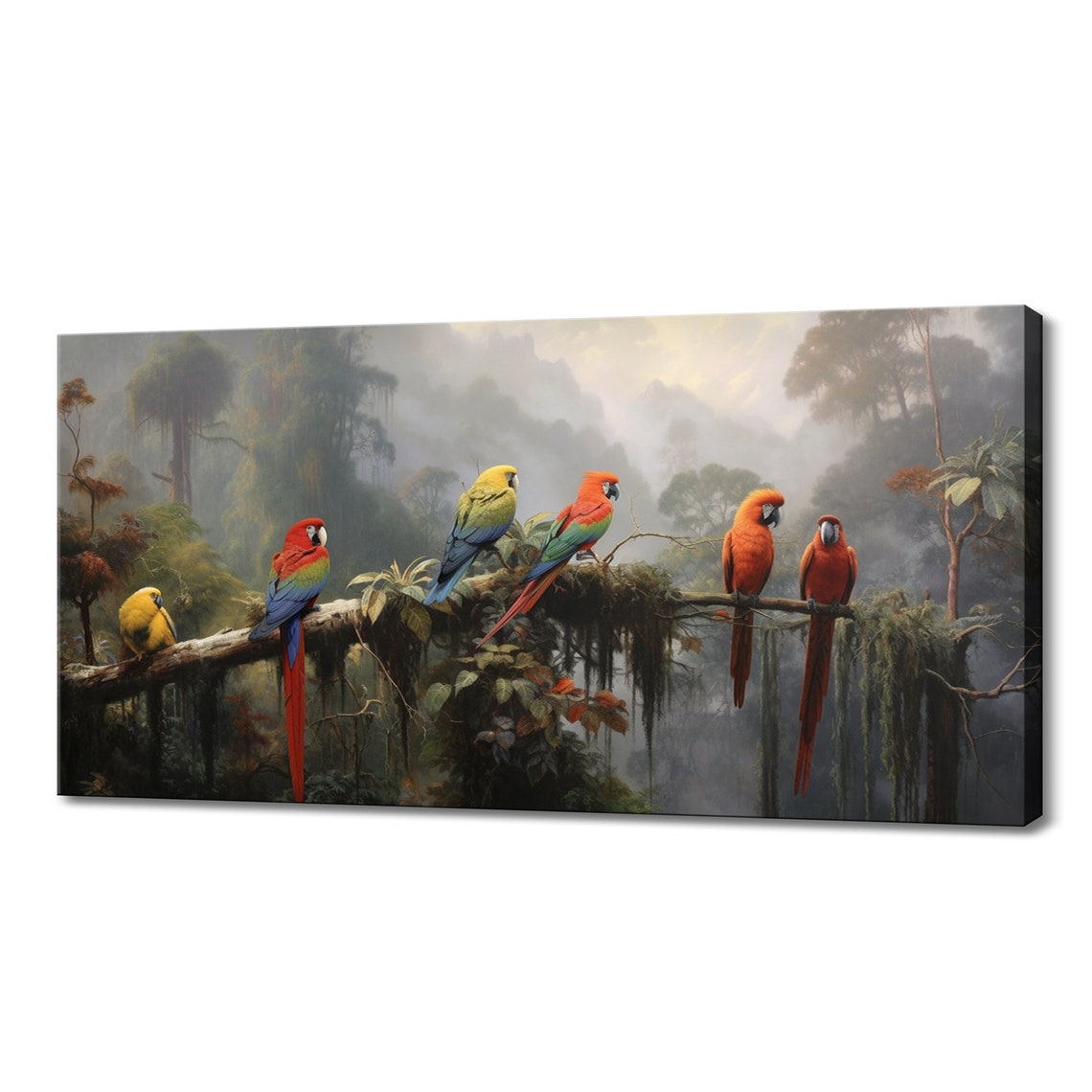 Macaw Parrots Misty Jungle Branch Colorful Tropical Bird Poster