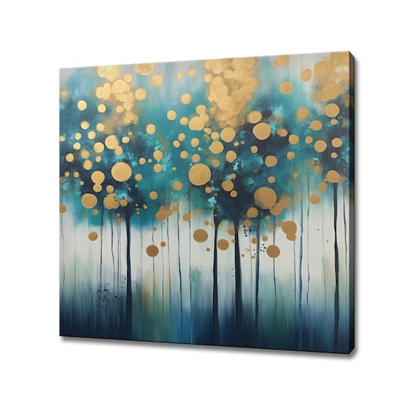 Abstract Trees Blue Golden Yellow Painting Style Print Rustic Landscape Art Large Wall Art Print Nature Picture Wall Hanging