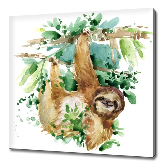 Watercolor Smiling Sloth Hanging From Branch Green Leaves Art Print