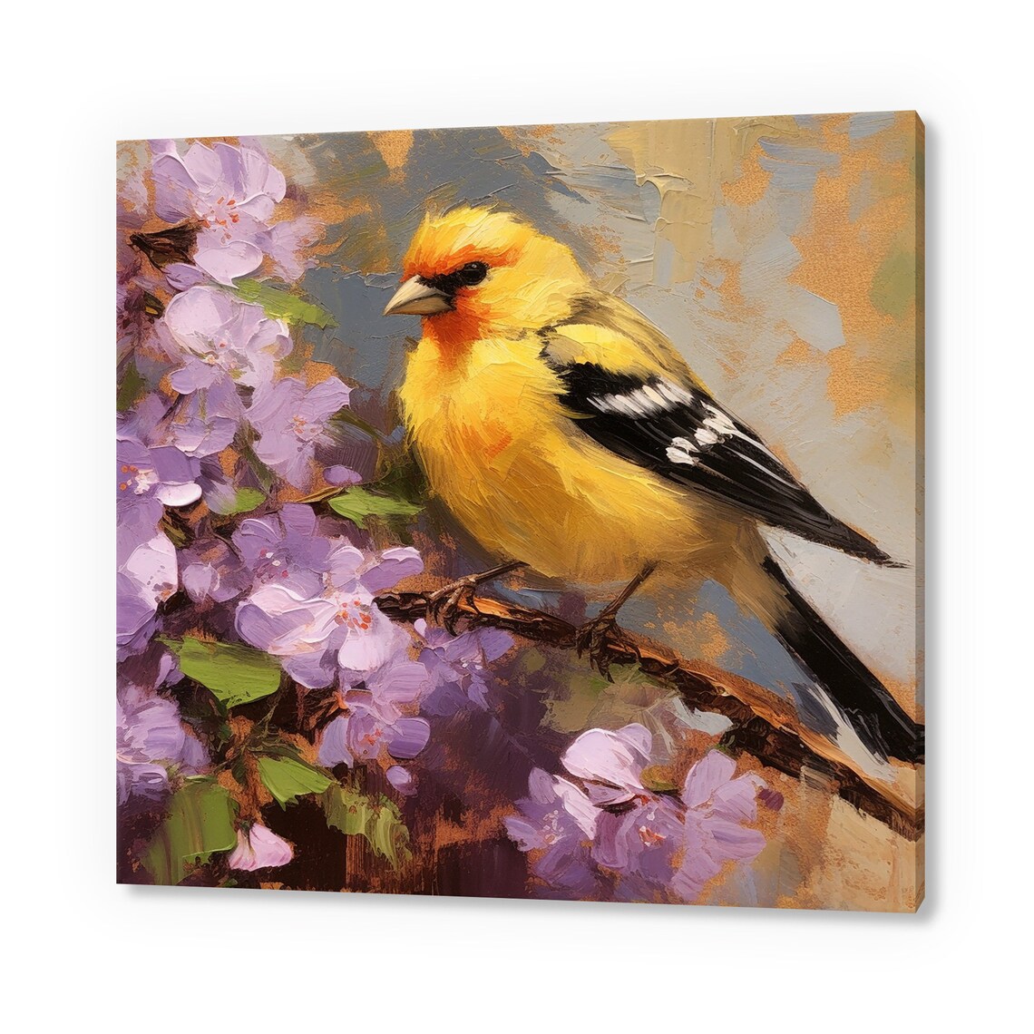 Golden Goldfinch Among Purple Blossoms Impasto Oil Painting Wall Art