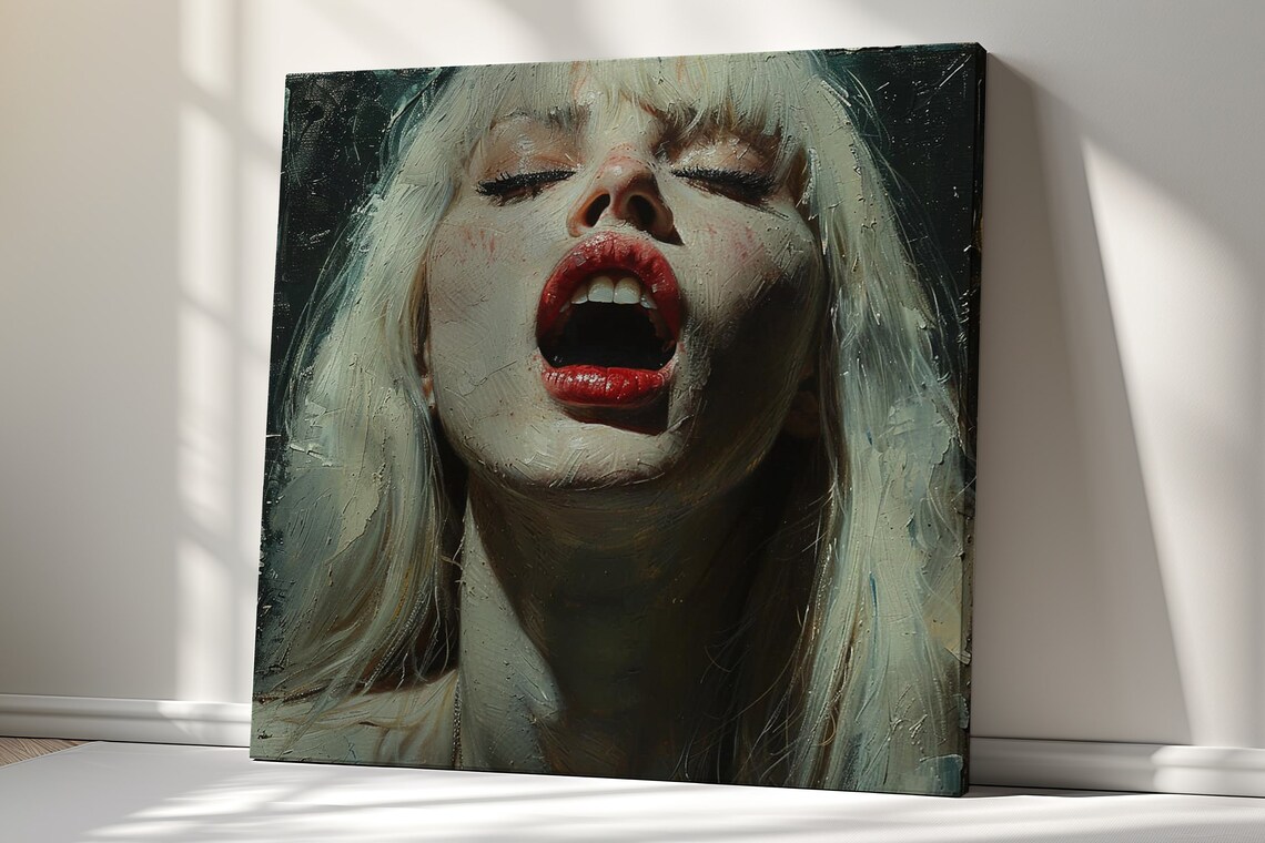 Dark Oil Painting Womans Face Platinum Hair Red Lips Dramatic Art Poster