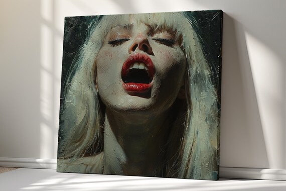 Dark Oil Painting Womans Face Platinum Hair Red Lips Dramatic Art Poster