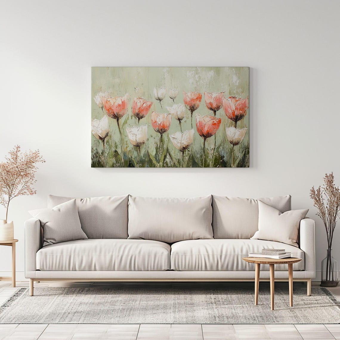 Pastel Coloured Tulips Flowers Vintage Painting Print Neutral Floral Art Print Living Room Botanical Wall Art Farmhouse Decor Art - Image 3