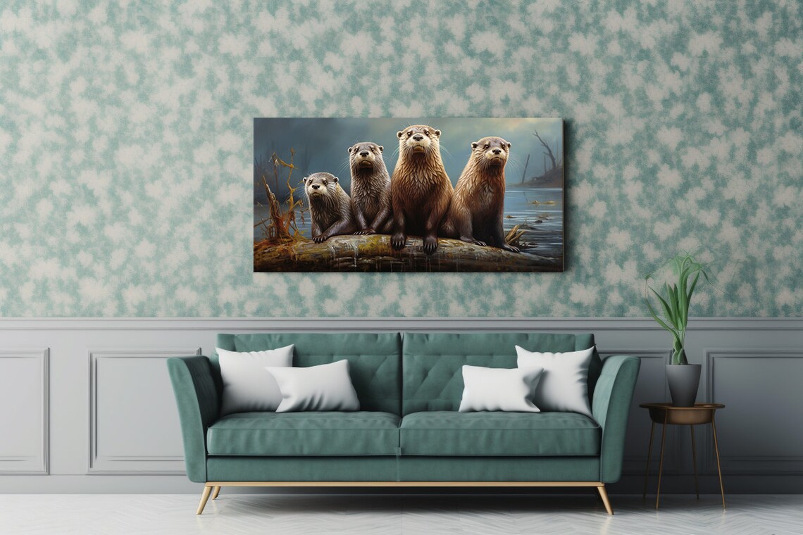 Cute Otter Family On Log By River Dusk Wildlife Wall Art Poster - Image 2